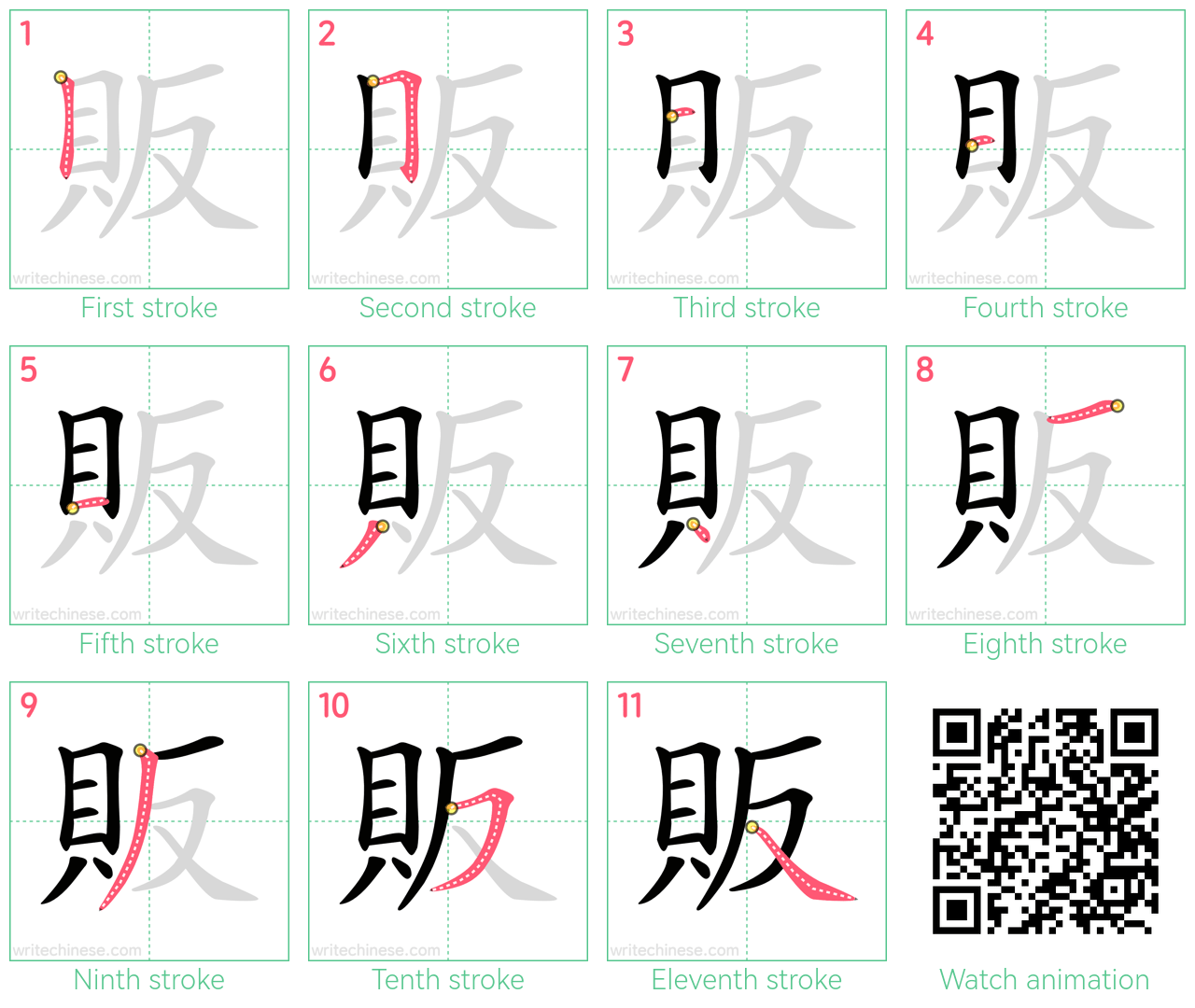 販 step-by-step stroke order diagrams