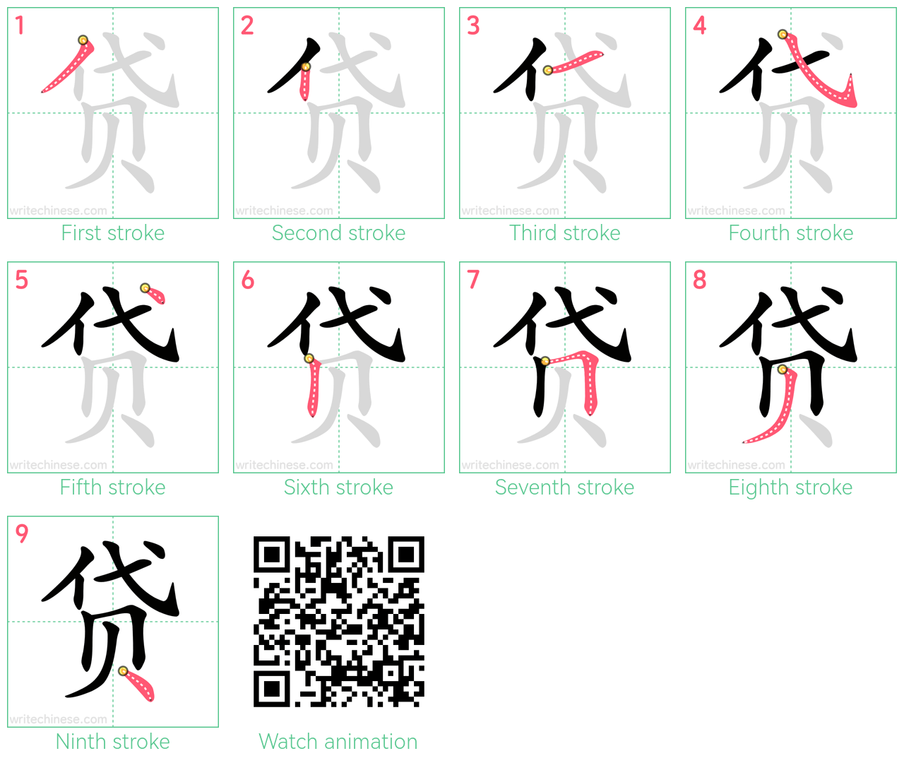 贷 step-by-step stroke order diagrams