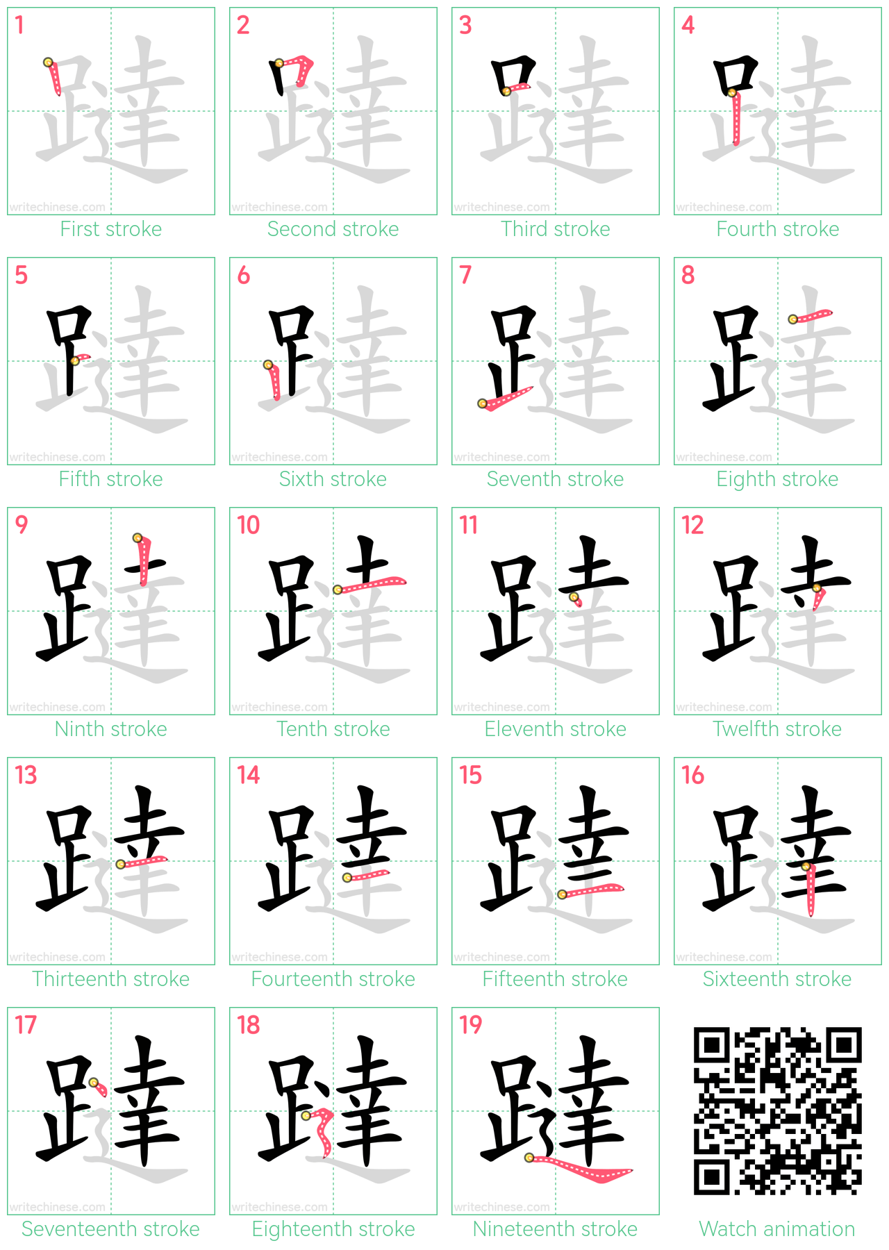 躂 step-by-step stroke order diagrams