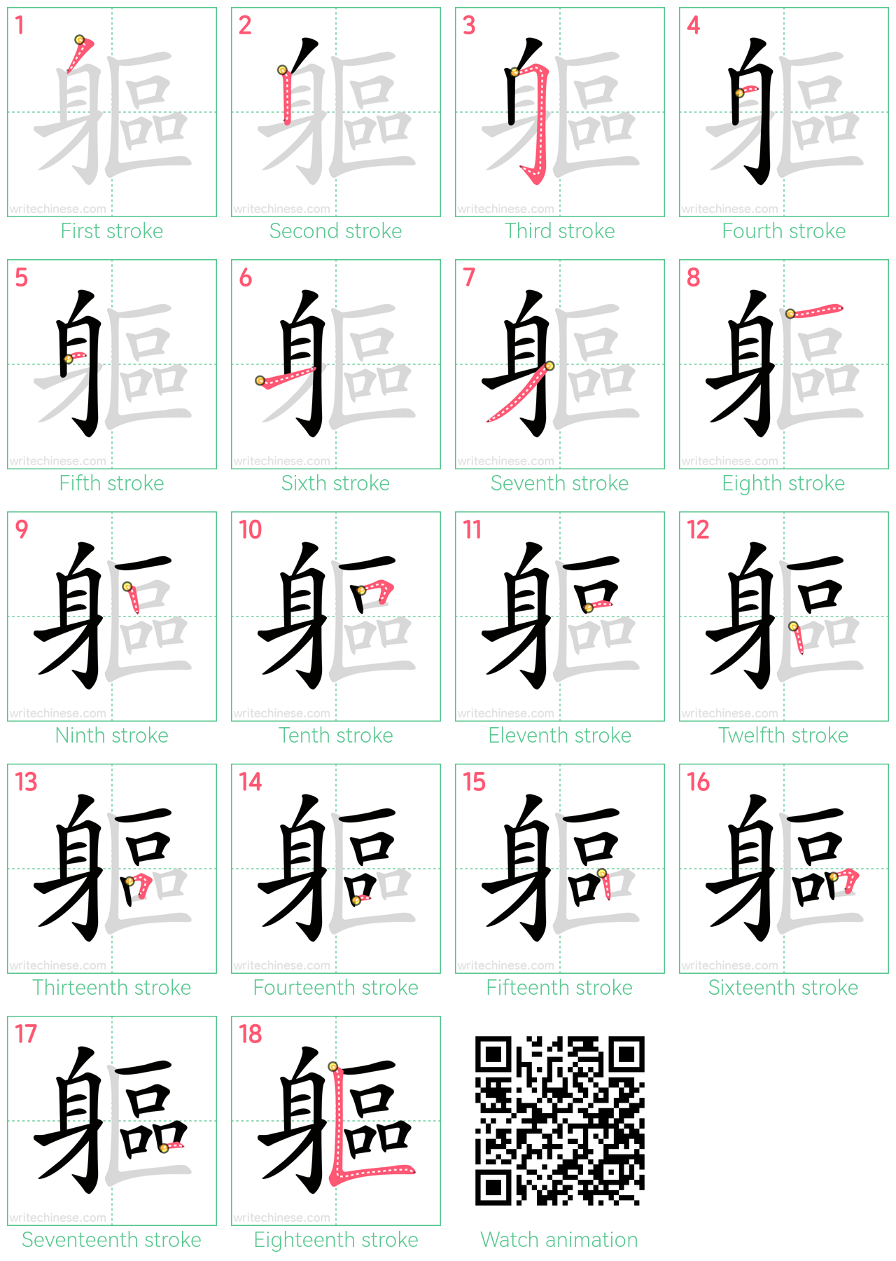 軀 step-by-step stroke order diagrams