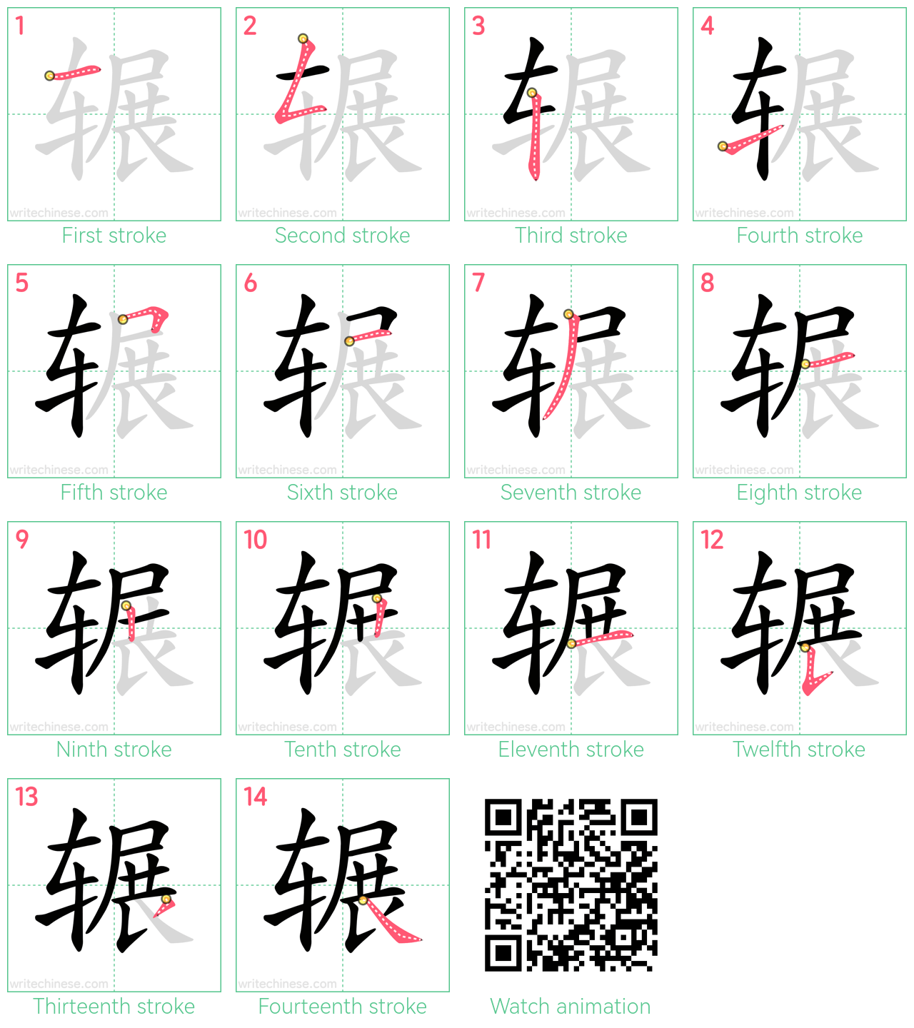 辗 step-by-step stroke order diagrams