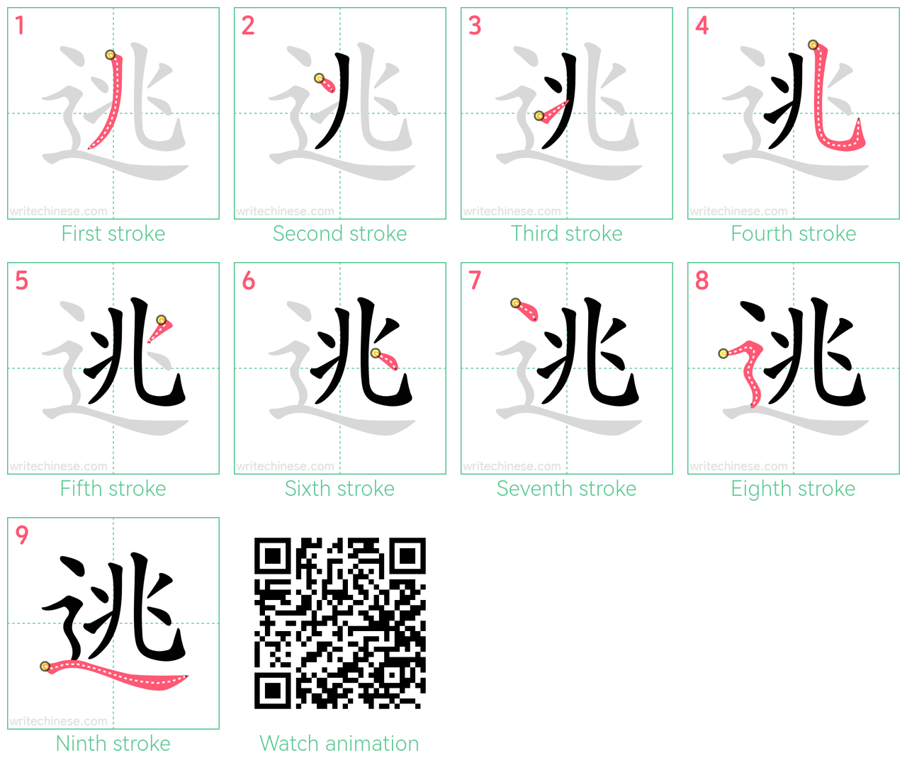 逃 step-by-step stroke order diagrams