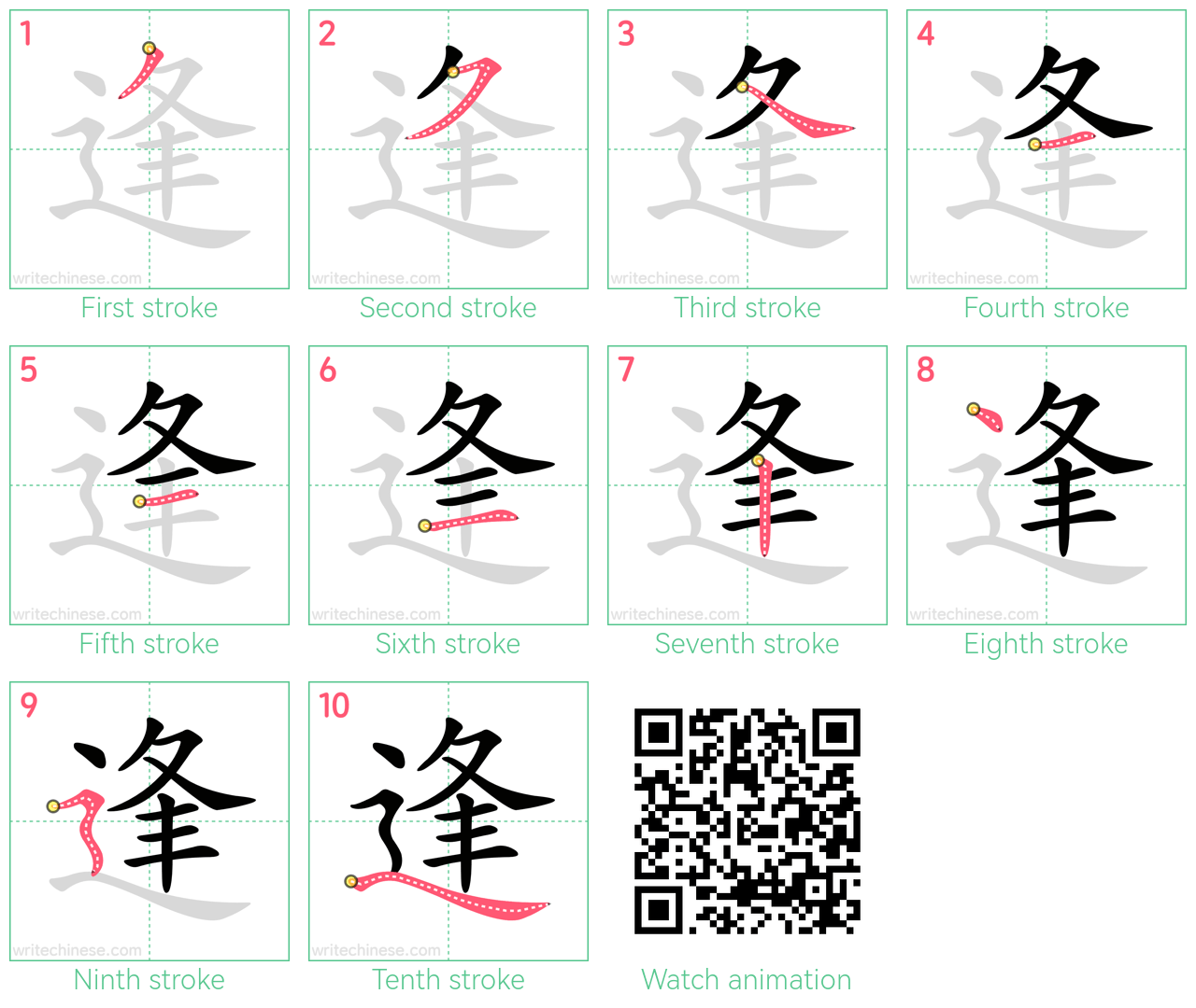 逢 step-by-step stroke order diagrams