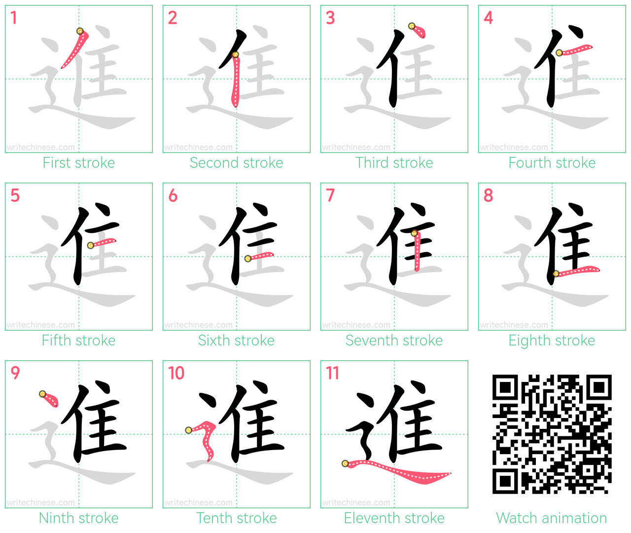 進 step-by-step stroke order diagrams