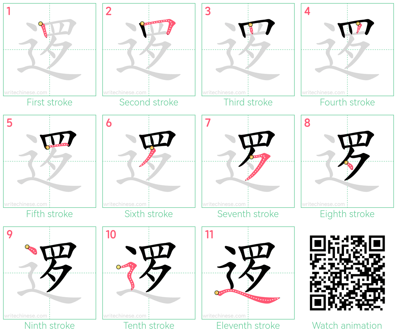 逻 step-by-step stroke order diagrams