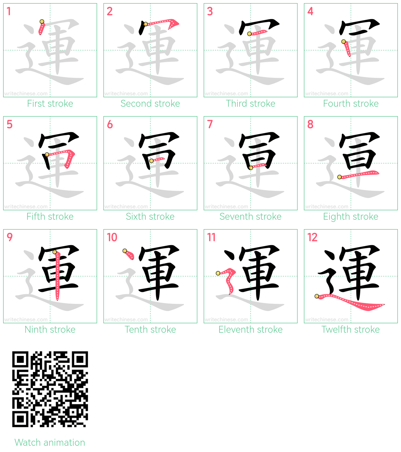 運 step-by-step stroke order diagrams