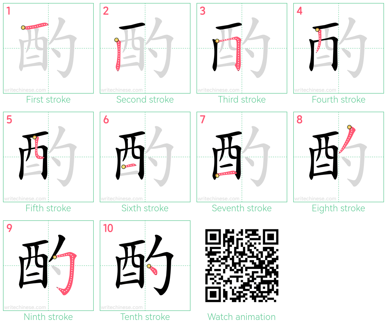 酌 step-by-step stroke order diagrams
