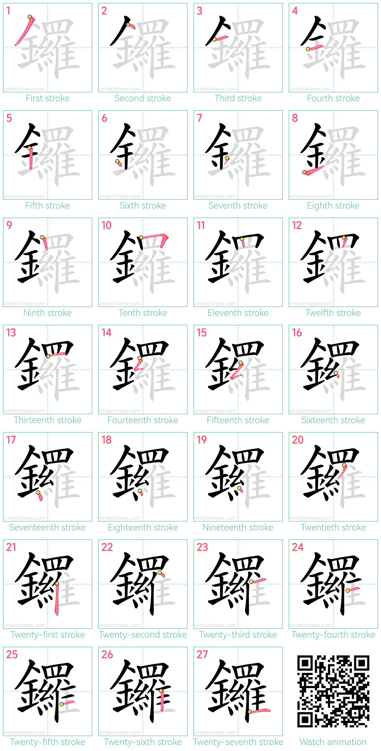 鑼 step-by-step stroke order diagrams