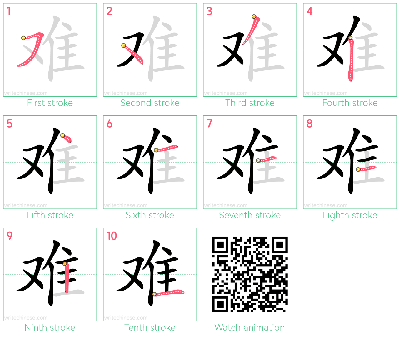 难 step-by-step stroke order diagrams