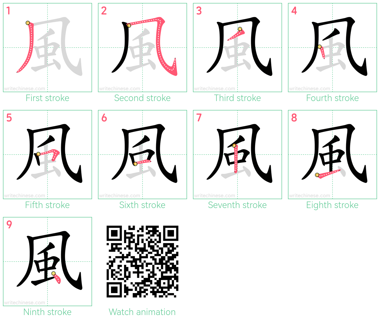 風 step-by-step stroke order diagrams