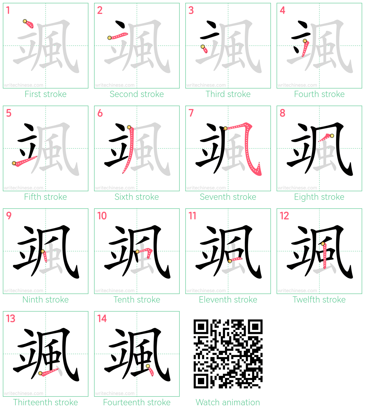 颯 step-by-step stroke order diagrams