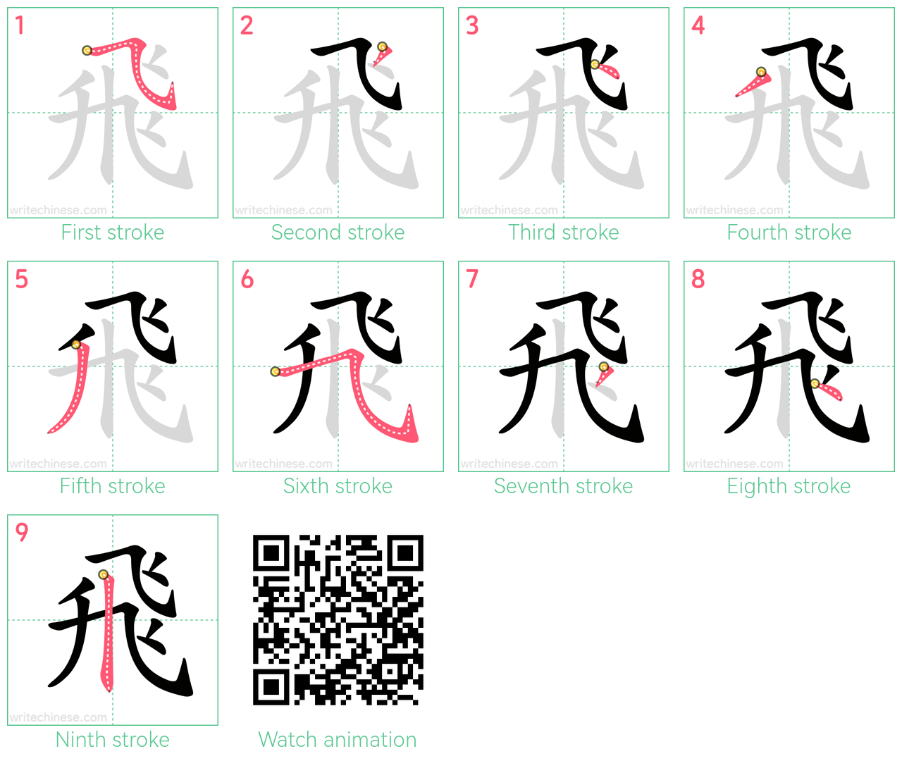 飛 step-by-step stroke order diagrams