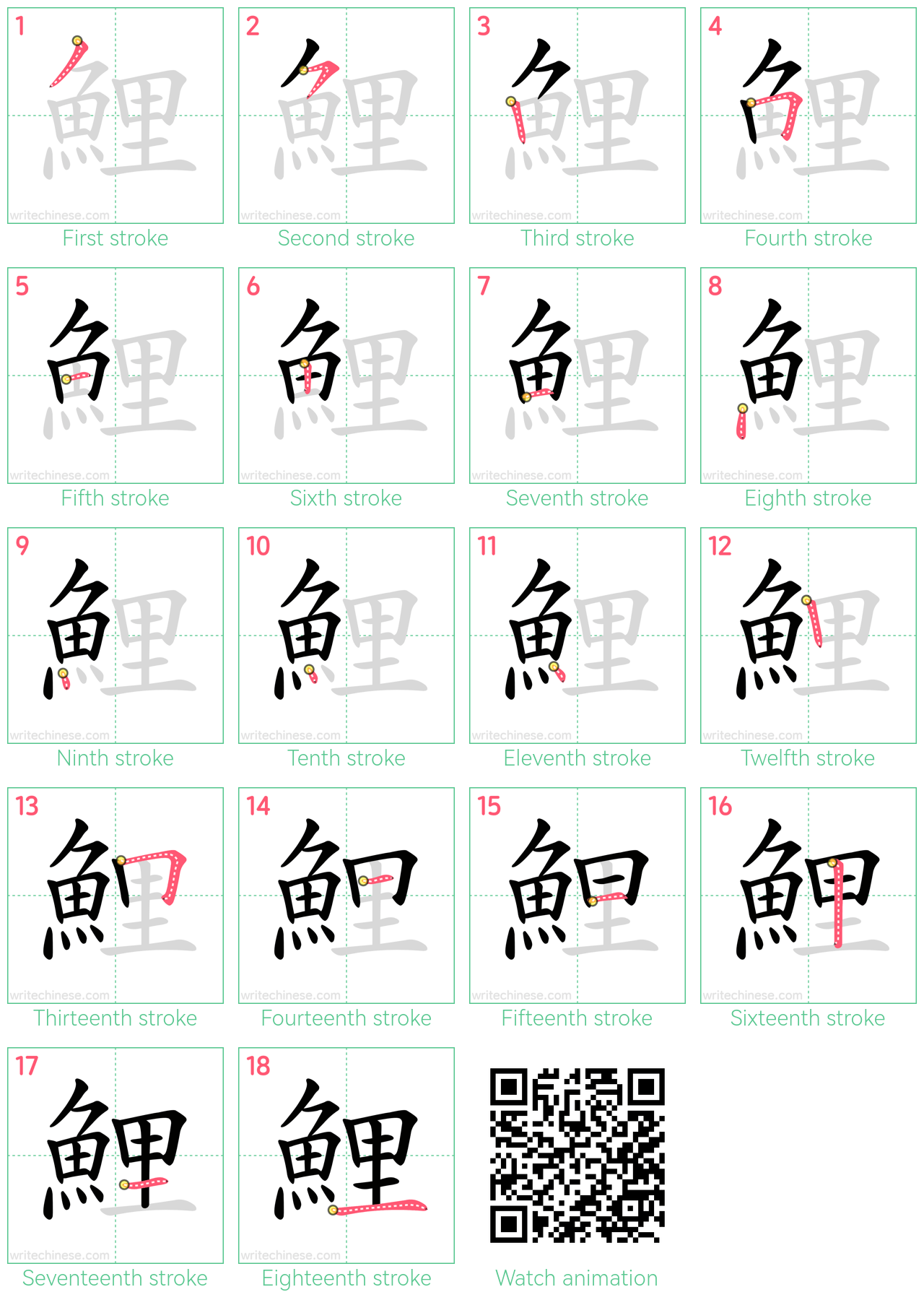 鯉 step-by-step stroke order diagrams