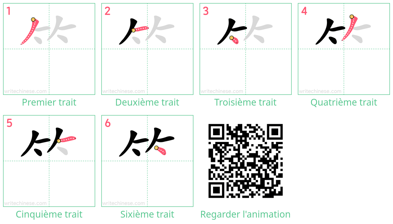 Diagrammes d'ordre des traits étape par étape pour le caractère ⺮