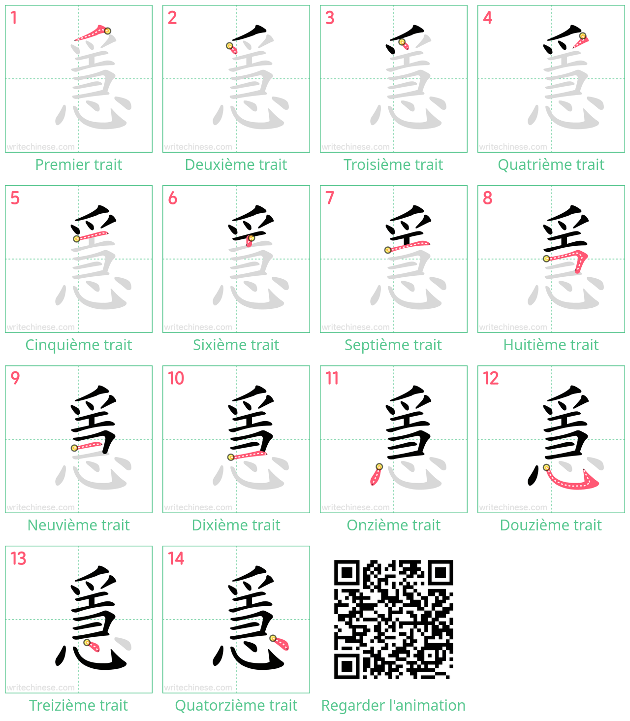 Diagrammes d'ordre des traits étape par étape pour le caractère 㥯