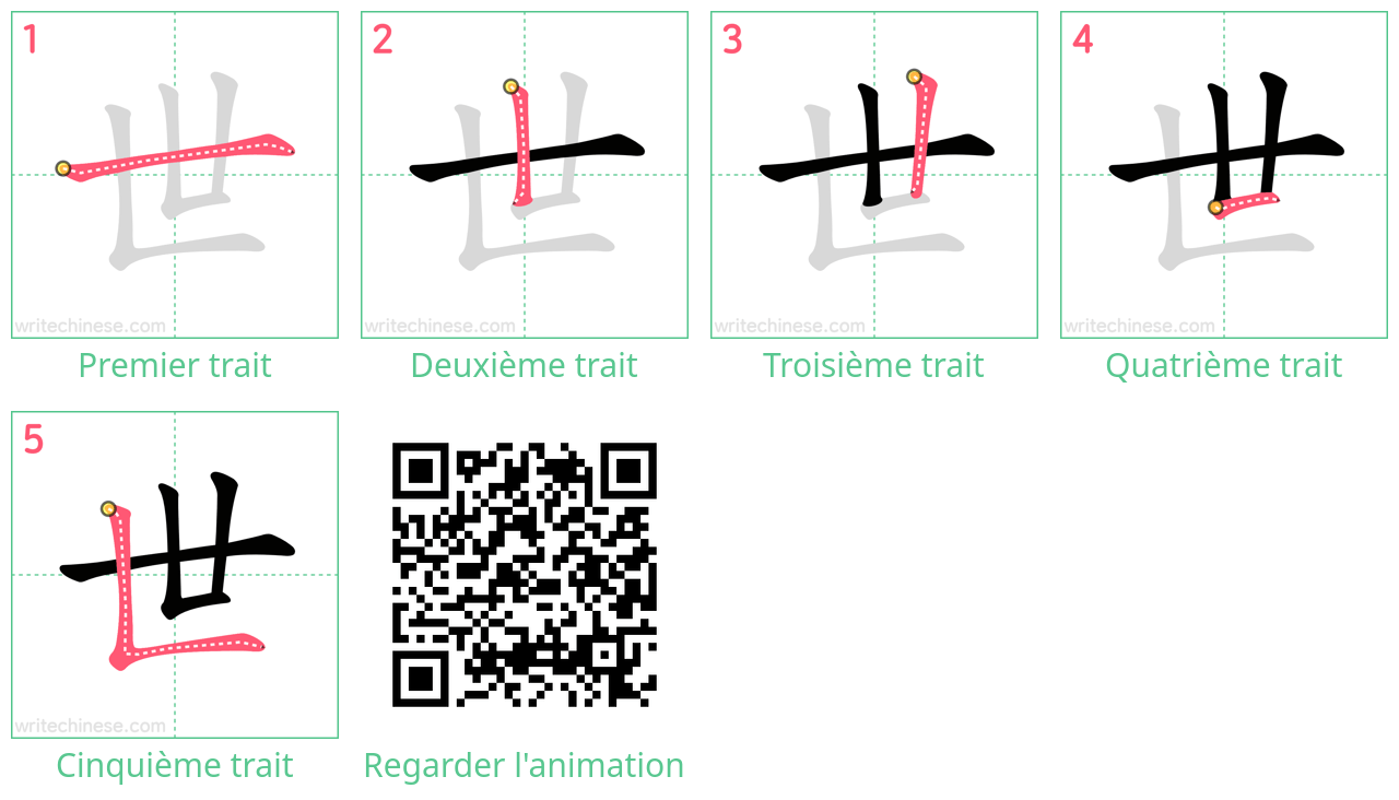 Diagrammes d'ordre des traits étape par étape pour le caractère 世