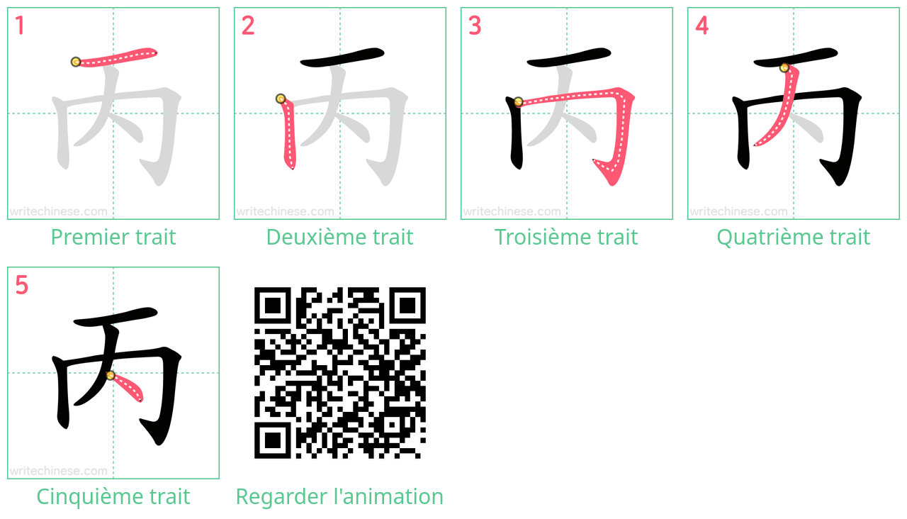 Diagrammes d'ordre des traits étape par étape pour le caractère 丙