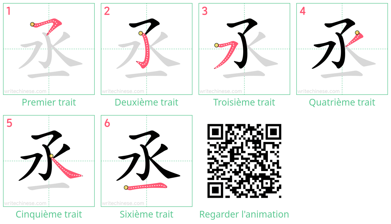Diagrammes d'ordre des traits étape par étape pour le caractère 丞