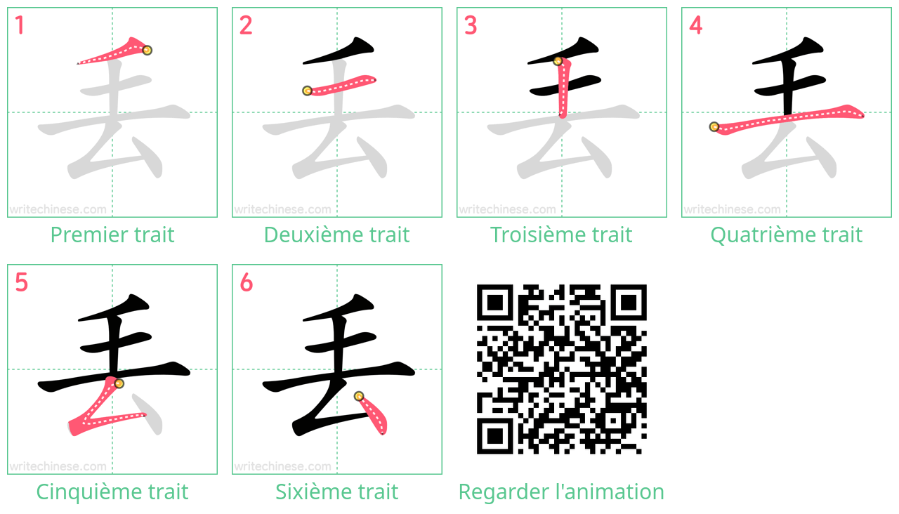 Diagrammes d'ordre des traits étape par étape pour le caractère 丟