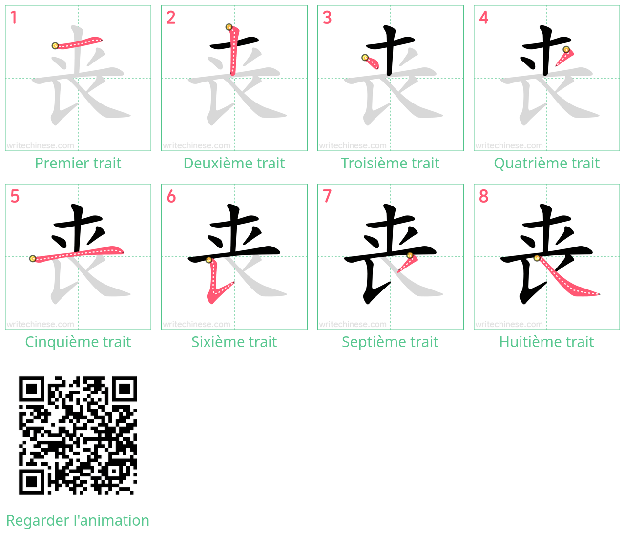 Diagrammes d'ordre des traits étape par étape pour le caractère 丧