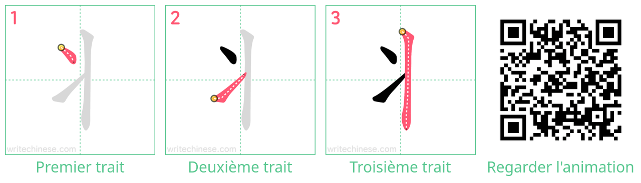 Diagrammes d'ordre des traits étape par étape pour le caractère 丬