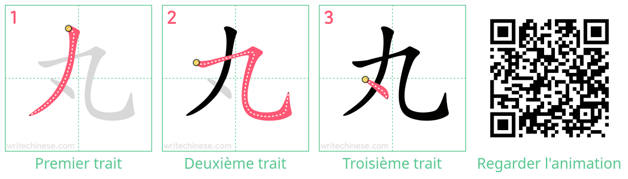 Diagrammes d'ordre des traits étape par étape pour le caractère 丸
