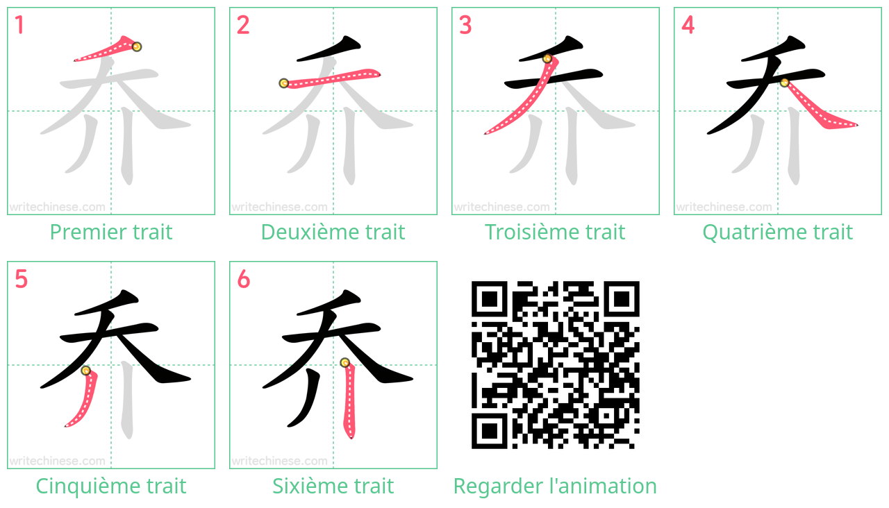 Diagrammes d'ordre des traits étape par étape pour le caractère 乔