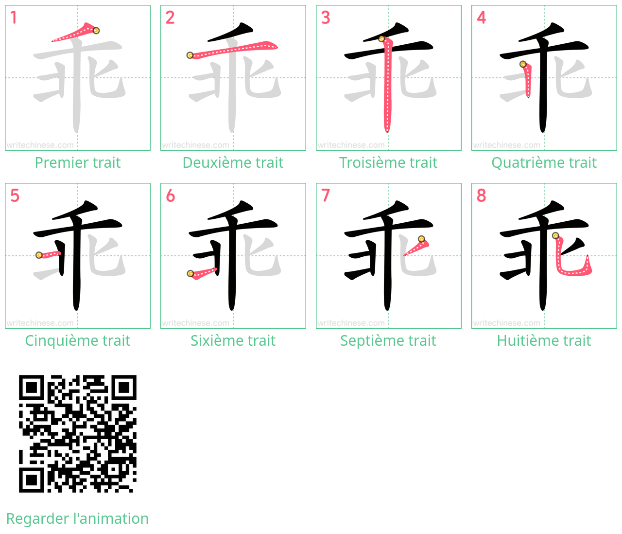 Diagrammes d'ordre des traits étape par étape pour le caractère 乖