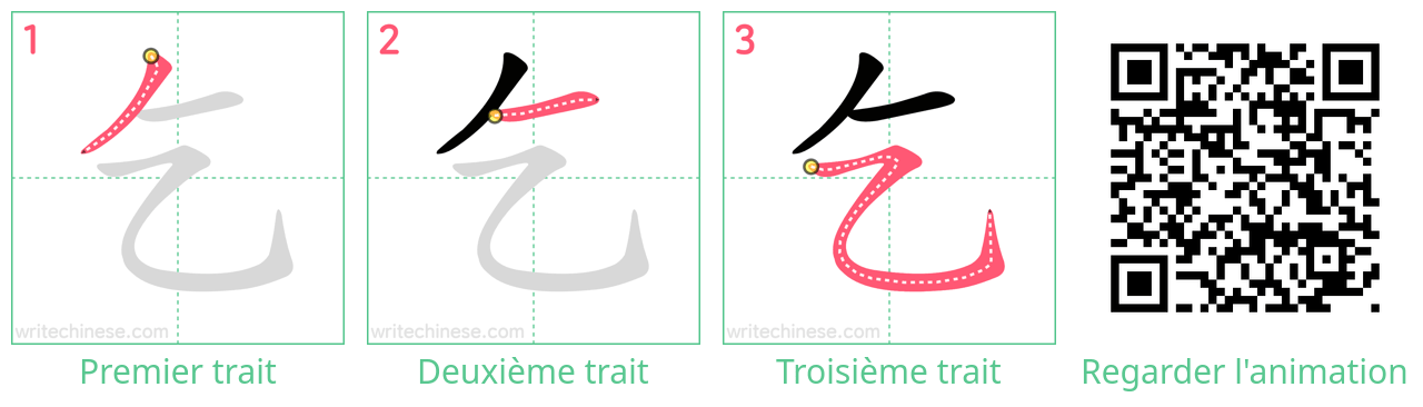 Diagrammes d'ordre des traits étape par étape pour le caractère 乞