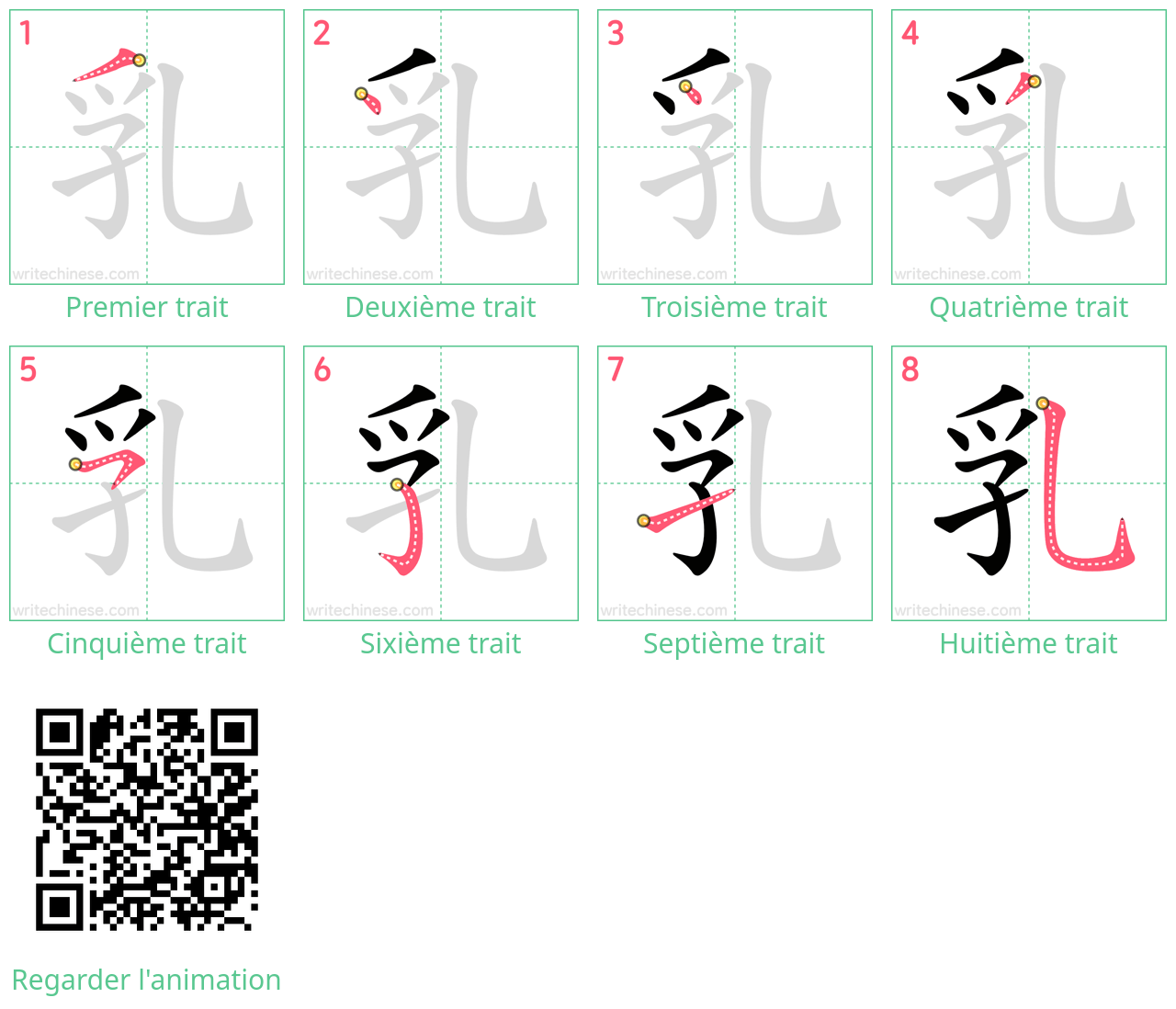 Diagrammes d'ordre des traits étape par étape pour le caractère 乳