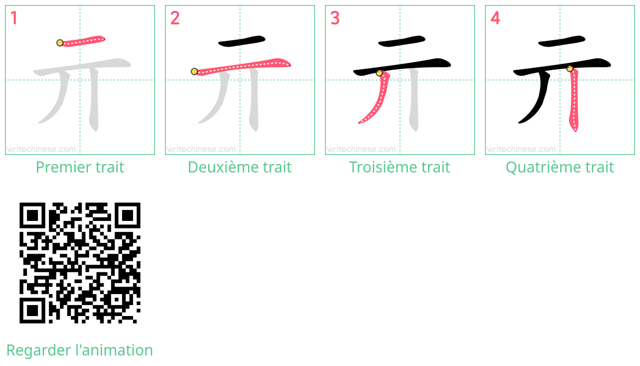 Diagrammes d'ordre des traits étape par étape pour le caractère 亓