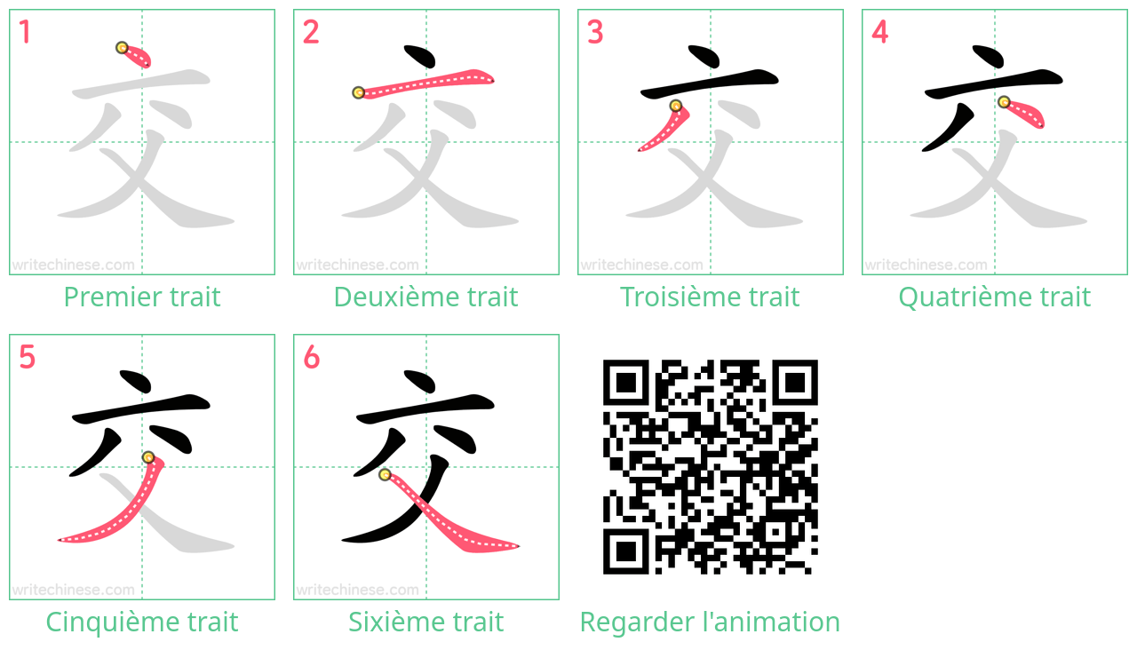 Diagrammes d'ordre des traits étape par étape pour le caractère 交