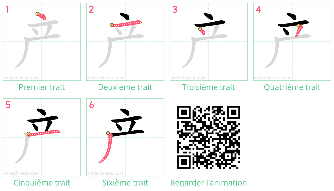 Diagrammes d'ordre des traits étape par étape pour le caractère 产