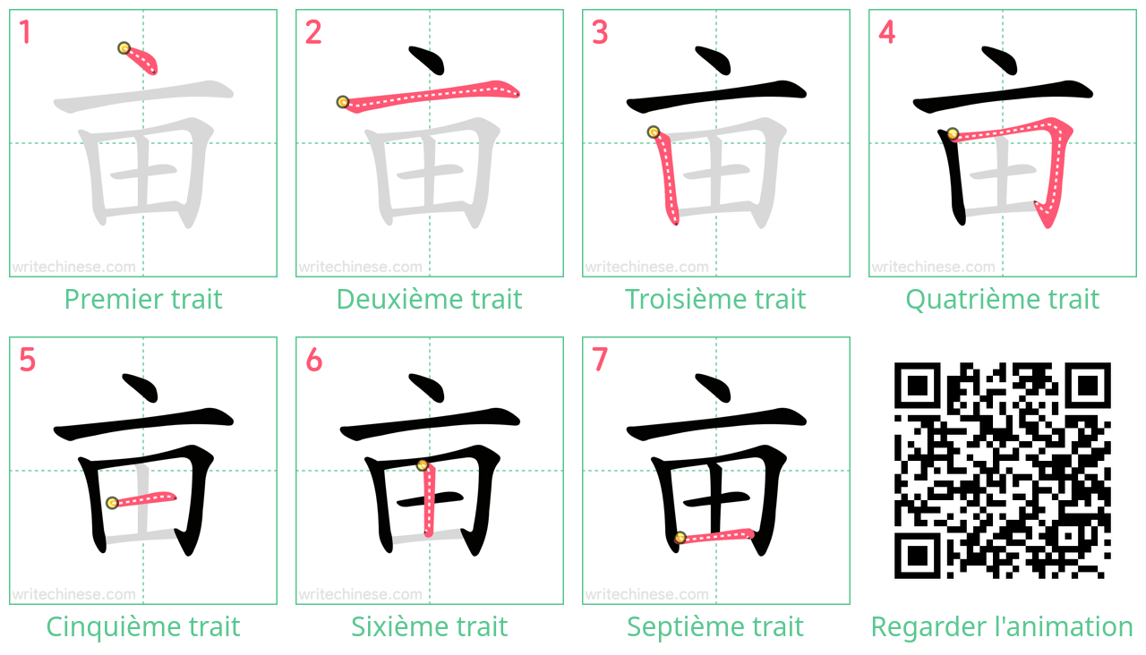 Diagrammes d'ordre des traits étape par étape pour le caractère 亩