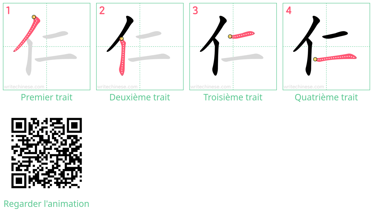 Diagrammes d'ordre des traits étape par étape pour le caractère 仁