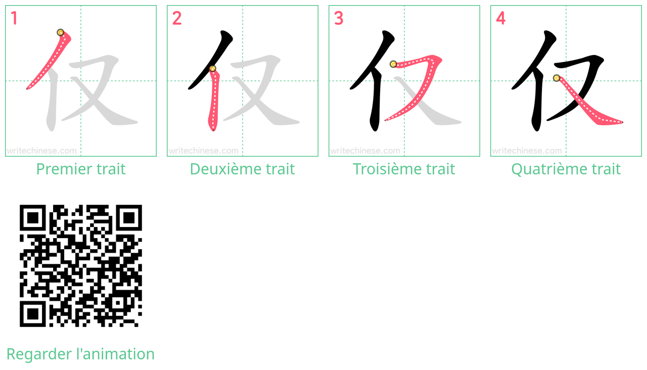 Diagrammes d'ordre des traits étape par étape pour le caractère 仅