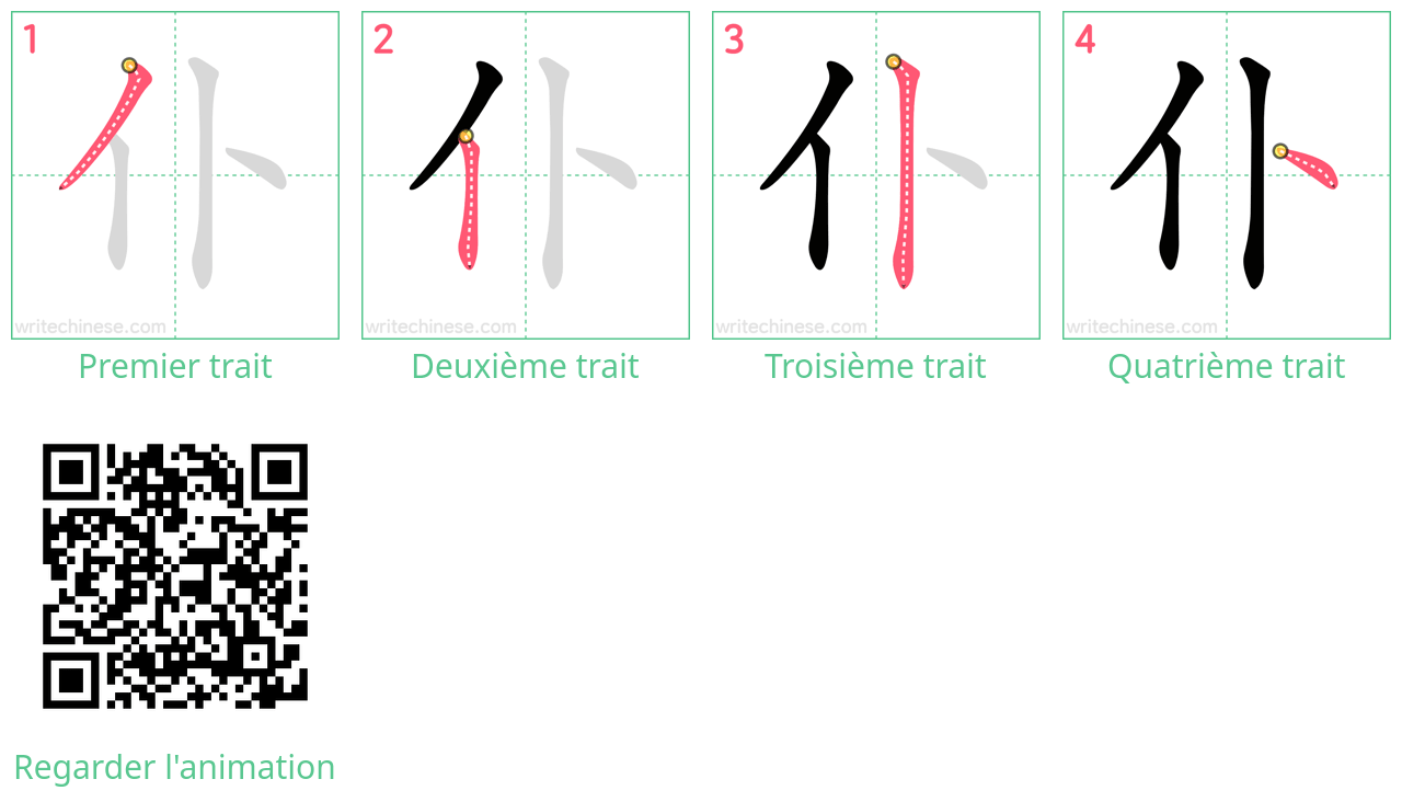 Diagrammes d'ordre des traits étape par étape pour le caractère 仆