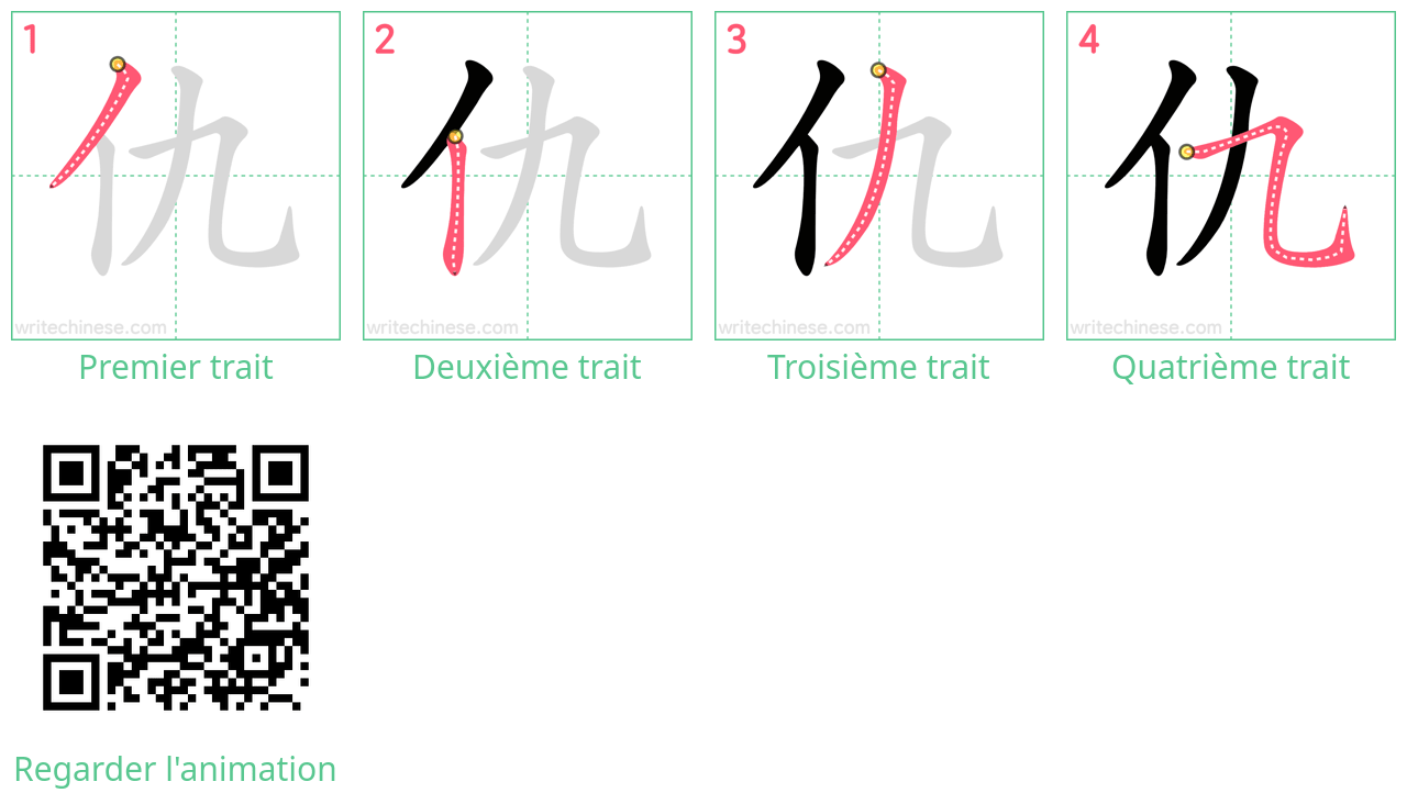 Diagrammes d'ordre des traits étape par étape pour le caractère 仇