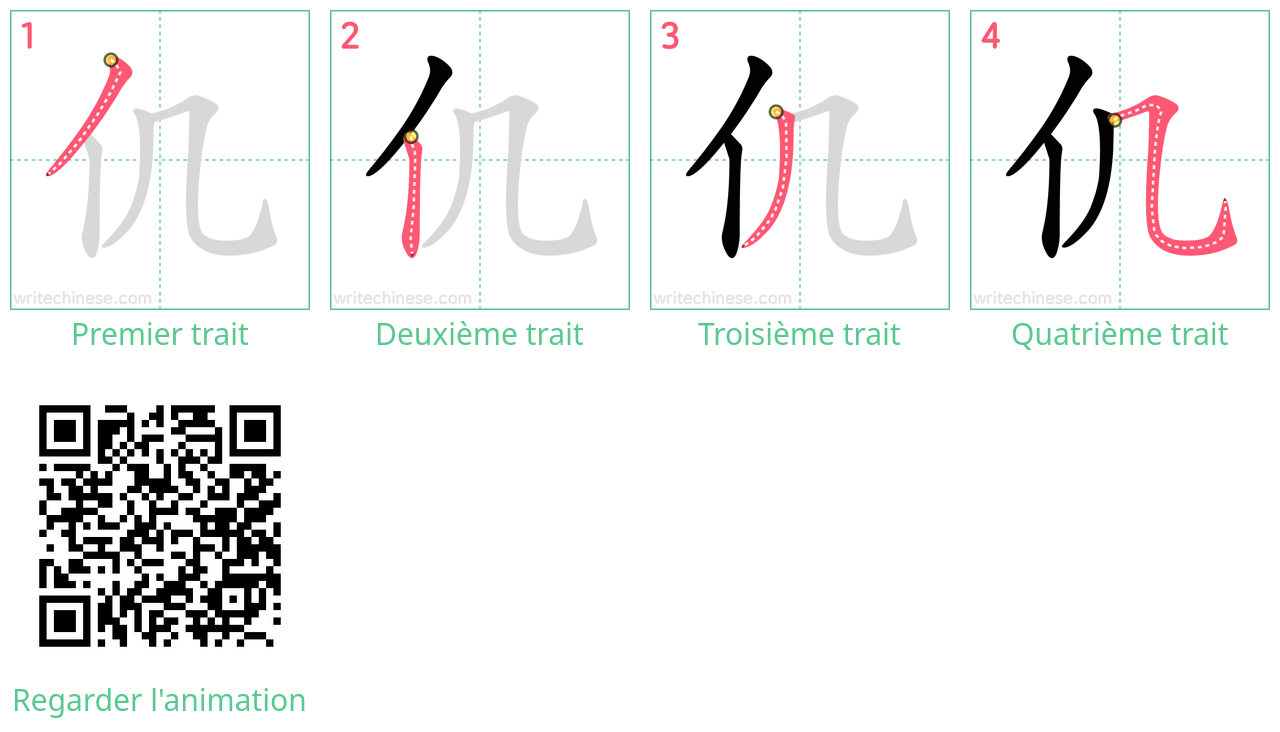 Diagrammes d'ordre des traits étape par étape pour le caractère 仉