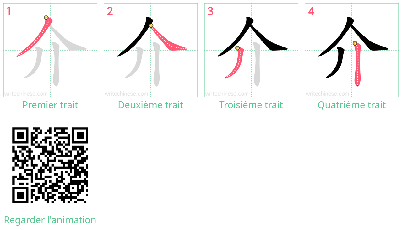 Diagrammes d'ordre des traits étape par étape pour le caractère 介