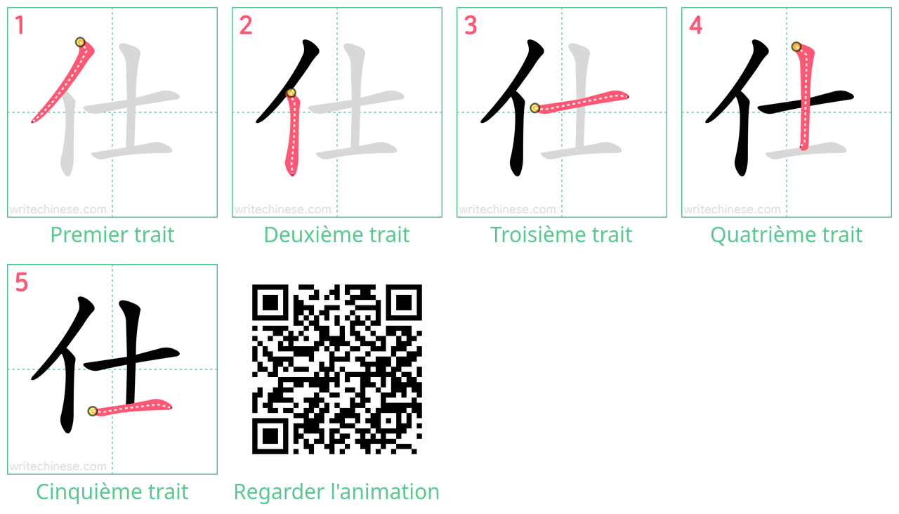 Diagrammes d'ordre des traits étape par étape pour le caractère 仕