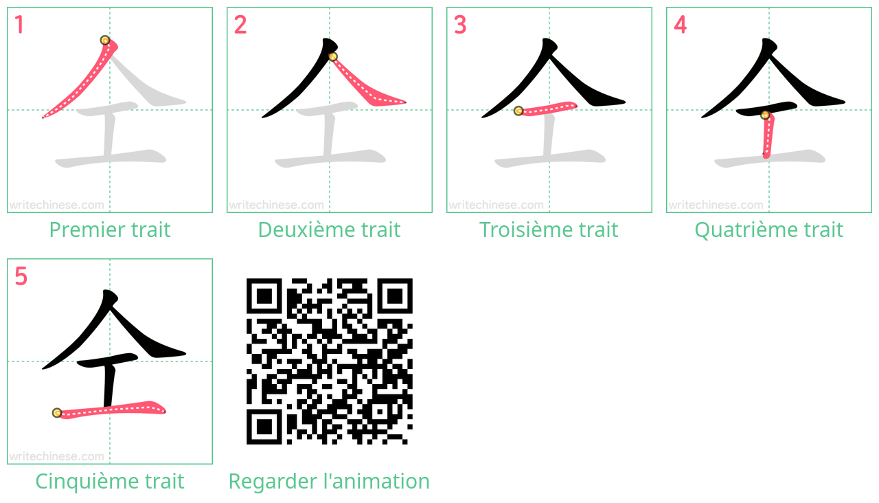 Diagrammes d'ordre des traits étape par étape pour le caractère 仝