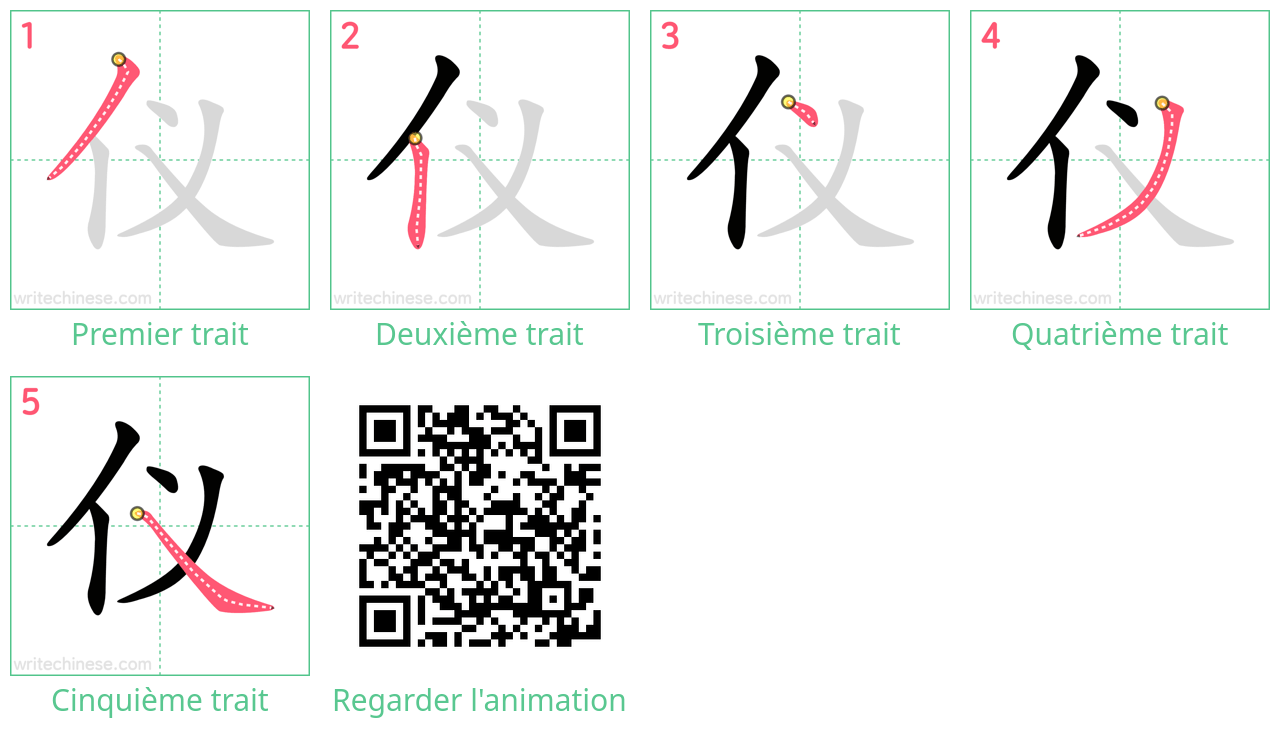 Diagrammes d'ordre des traits étape par étape pour le caractère 仪