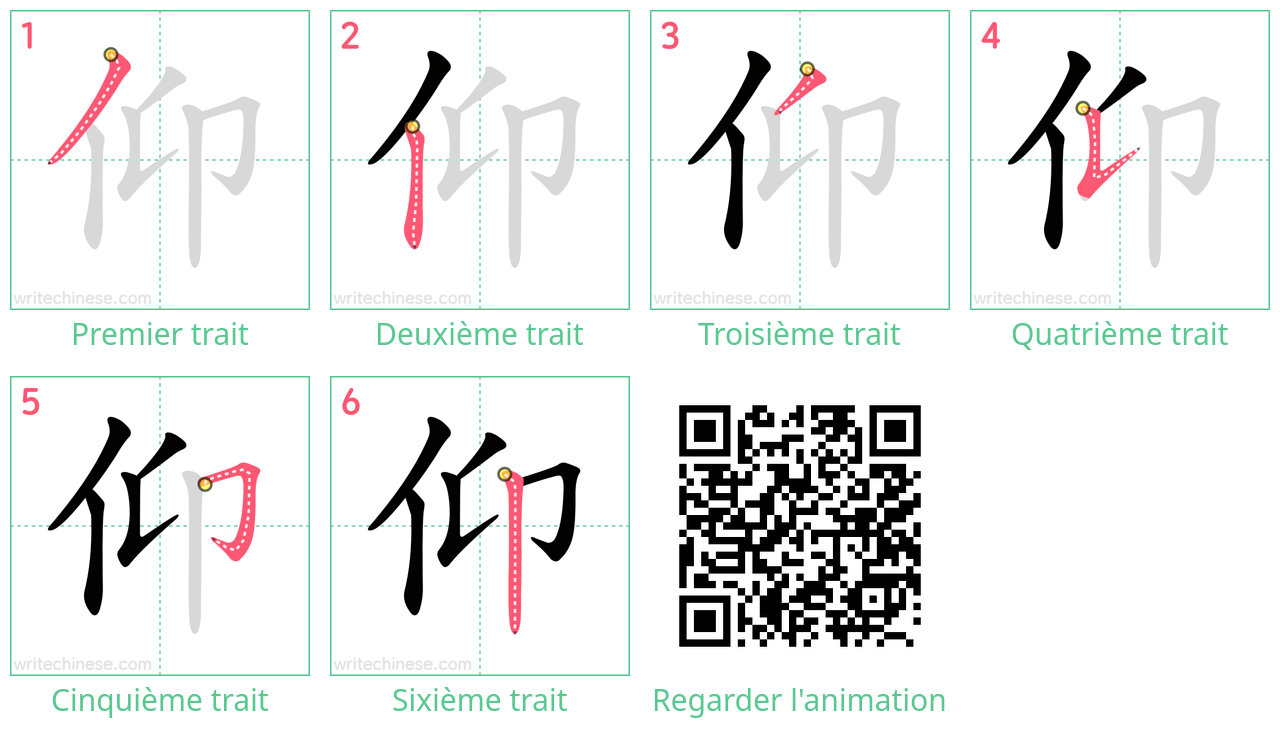 Diagrammes d'ordre des traits étape par étape pour le caractère 仰