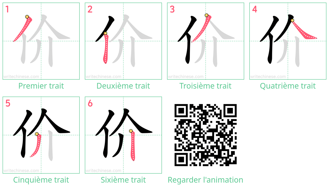 Diagrammes d'ordre des traits étape par étape pour le caractère 价