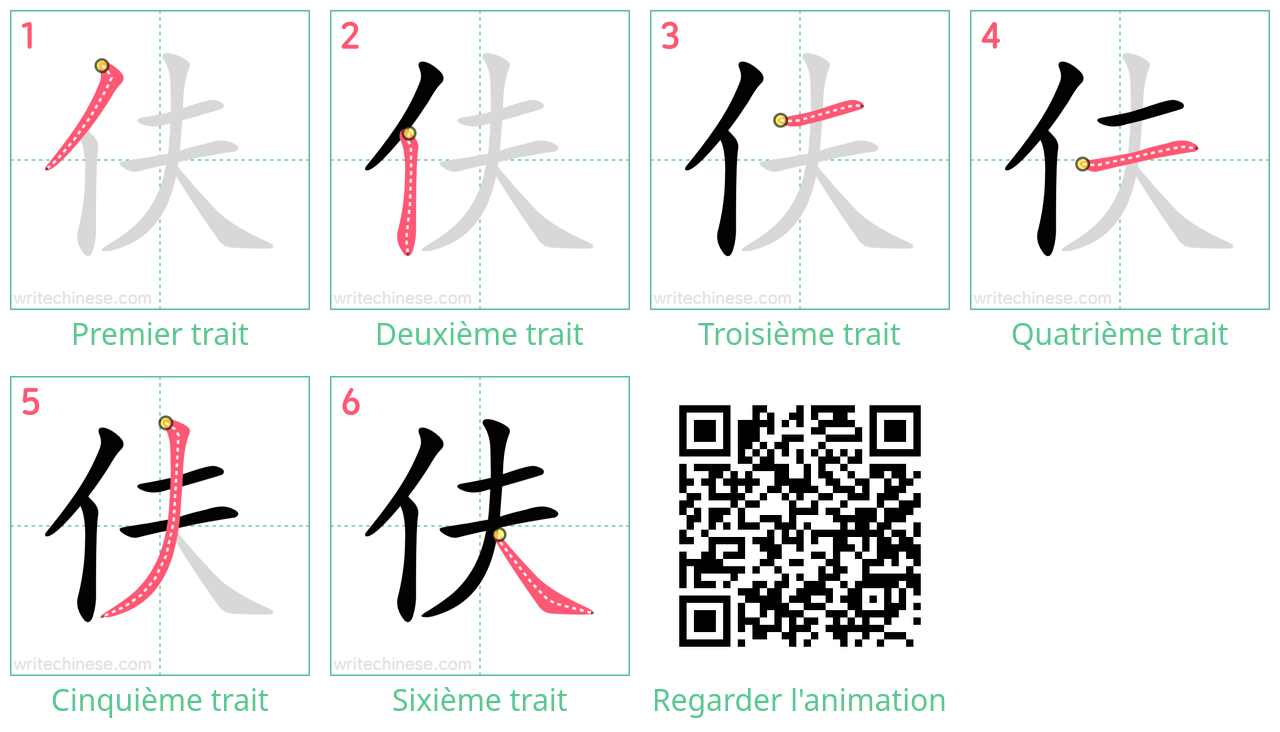 Diagrammes d'ordre des traits étape par étape pour le caractère 伕