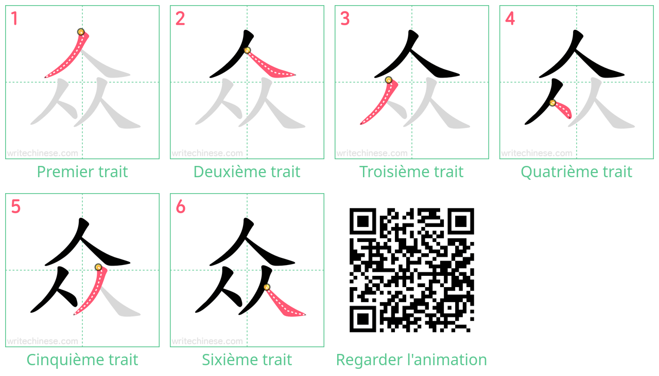 Diagrammes d'ordre des traits étape par étape pour le caractère 众