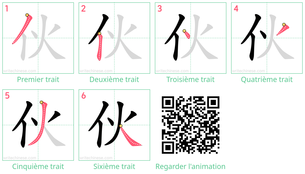 Diagrammes d'ordre des traits étape par étape pour le caractère 伙