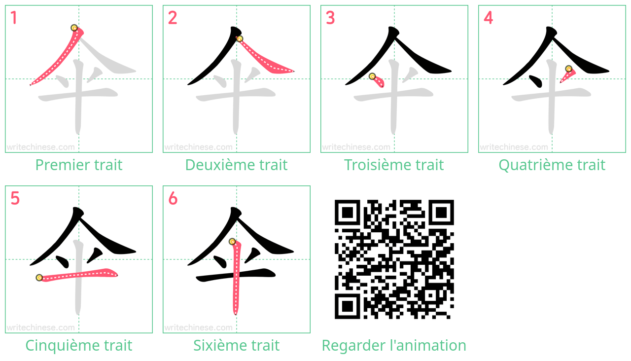 Diagrammes d'ordre des traits étape par étape pour le caractère 伞