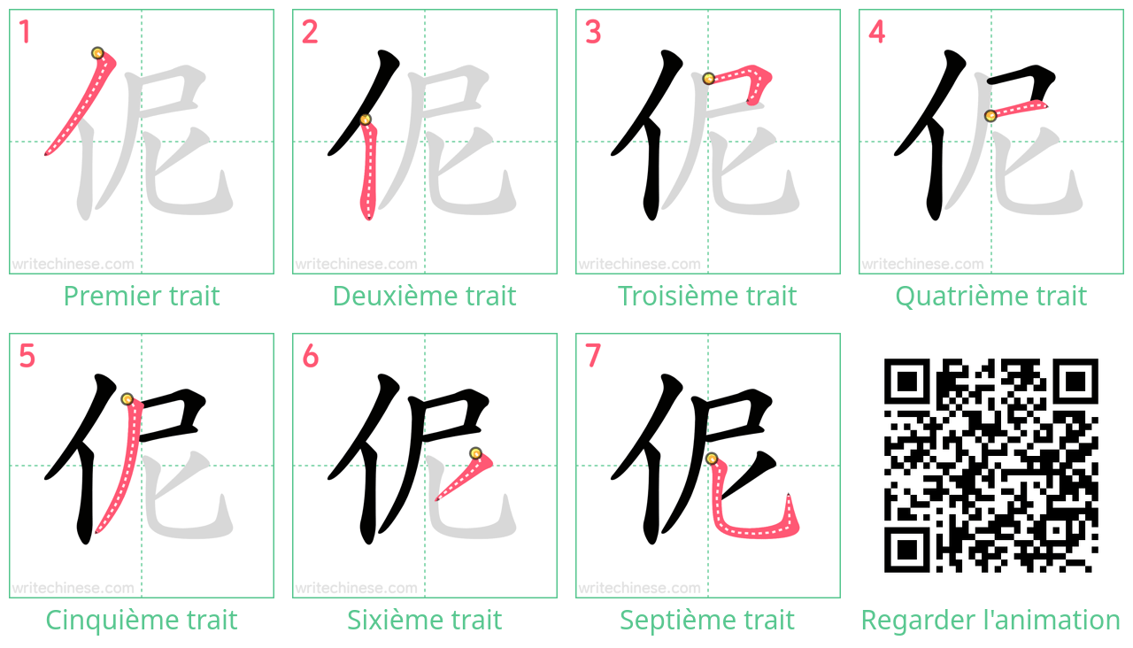 Diagrammes d'ordre des traits étape par étape pour le caractère 伲